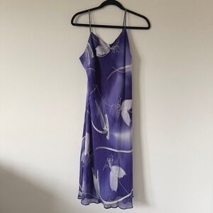 Simply Silk Purple Floral Lily Beaded Strap Silk Midi Dress Large NWT VTG 90s